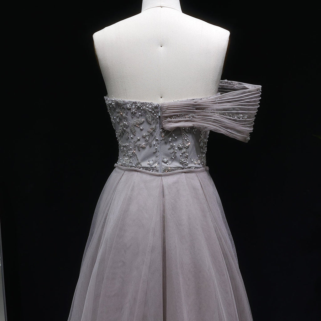 Elegant Gray Sheer Beaded Off-Shoulder Mermaid Evening Dress SS527