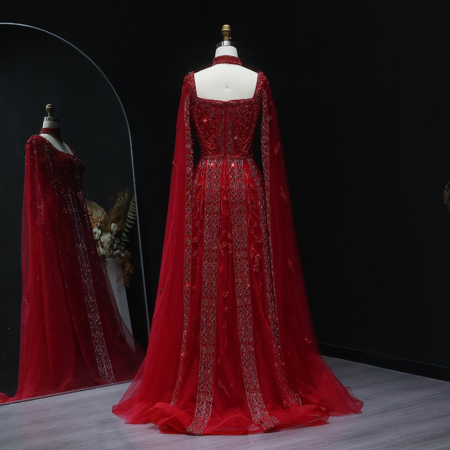 Luxury Beaded Burgundy Evening Dress with Cape Sleeve SS543