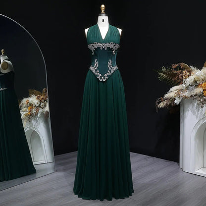 Luxury Emerald Green Halter Neck Beaded Embroidered Fitted Prom Dress SH137
