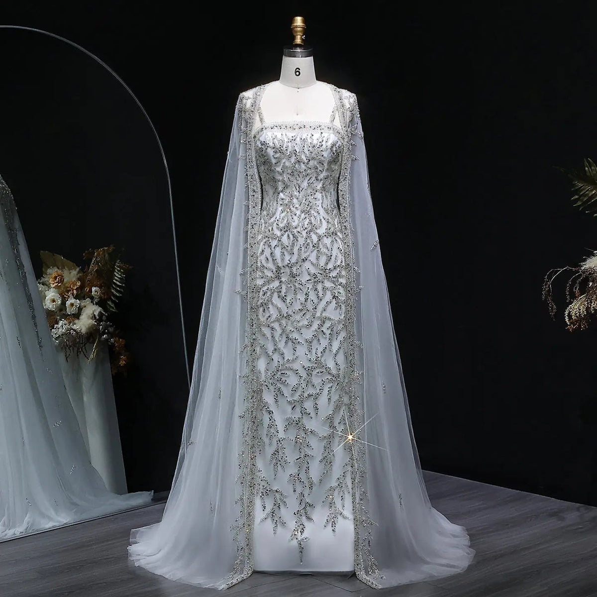 Elegant Champagne Beaded Evening Gown with Sheer Cape SS393