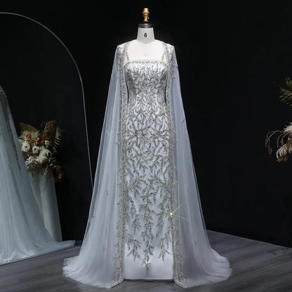 Elegant Champagne Beaded Evening Gown with Sheer Cape SS393