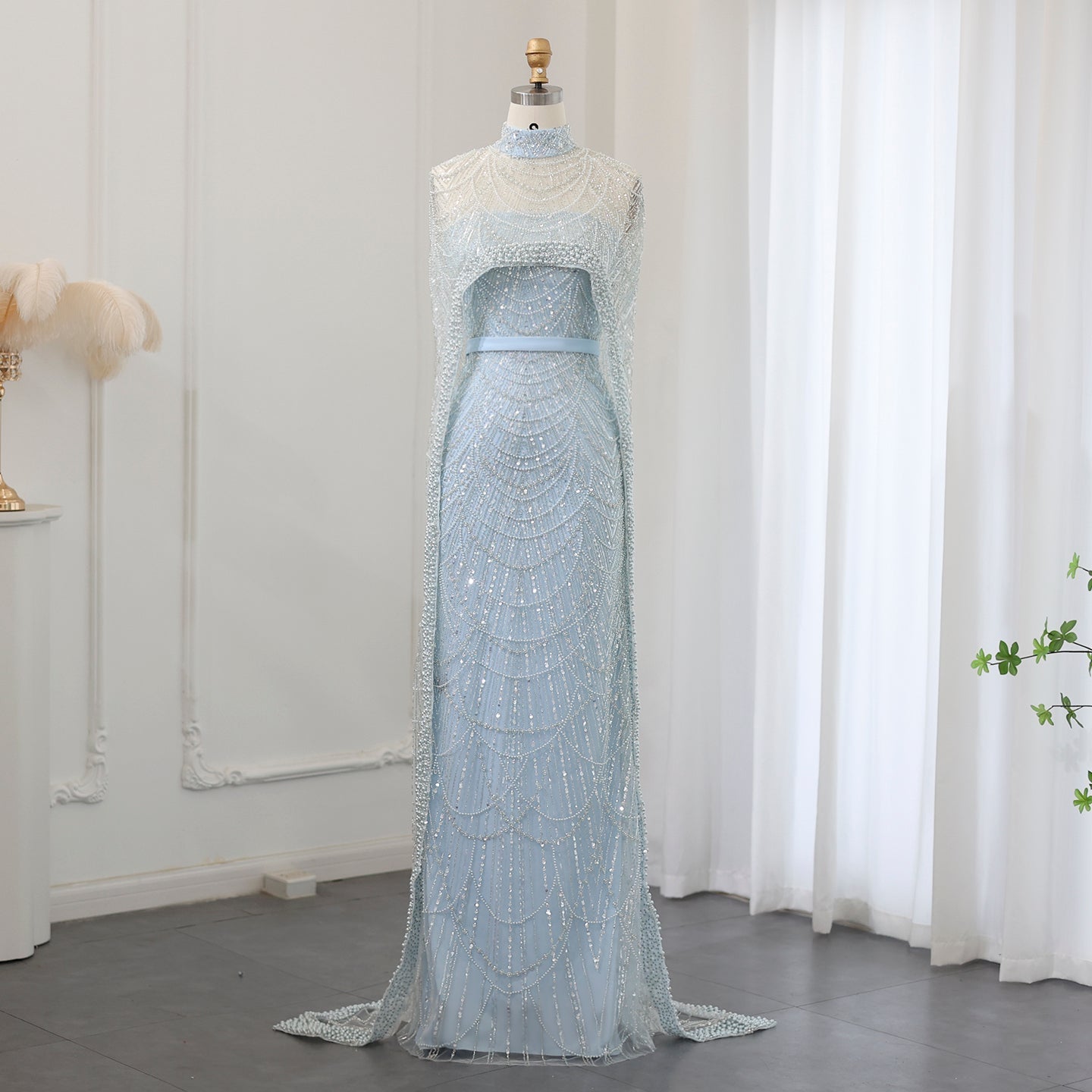 Luxury Pearls Champagne Mermaid Evening Dress with Cape SS369