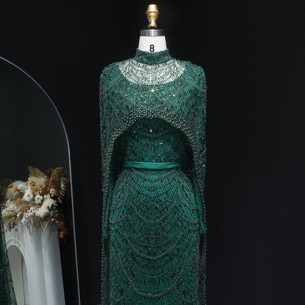 Luxury Long Sleeves Nude Evening Dress with Cape SS369A