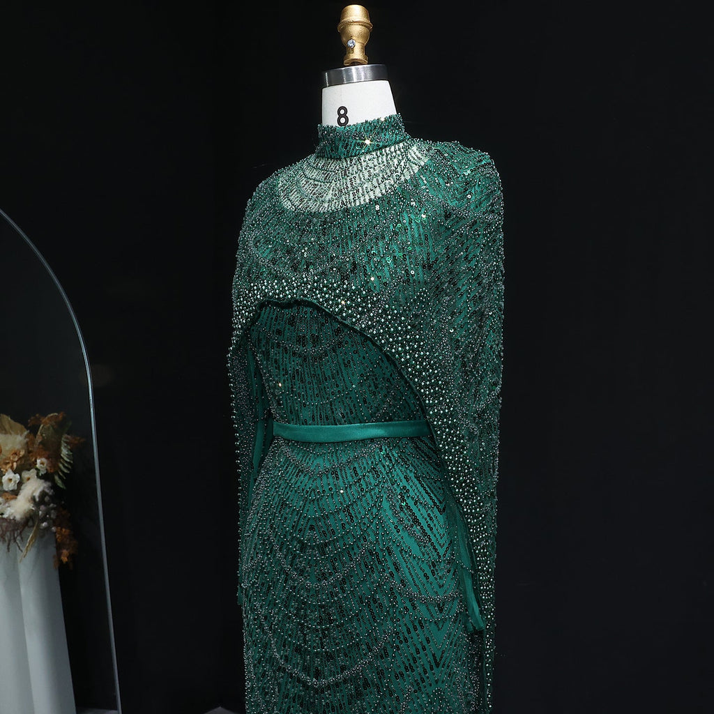 Luxury Long Sleeves Nude Evening Dress with Cape SS369A