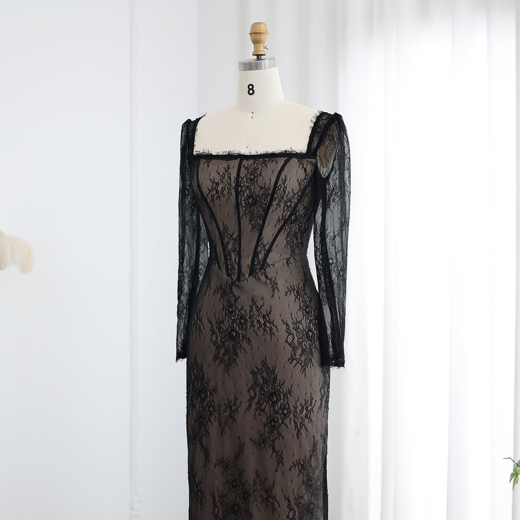 Elegant Black Lace Long Sleeves Sheath Evening Dress SF038