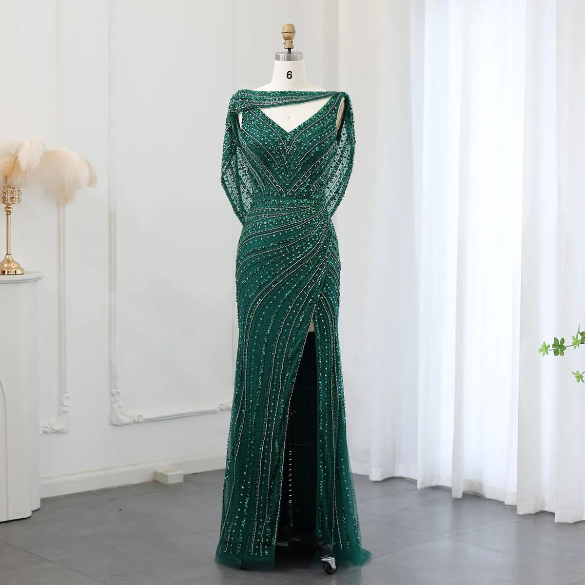 Luxury Beaded Silver Slit Mermaid Evening Dress with Cape SS035
