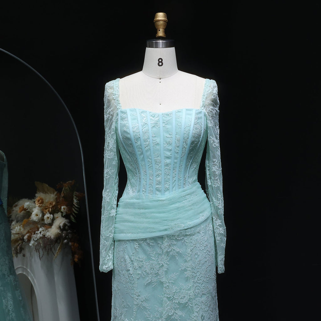 Luxury Green Printed Lace Long Sleeve Evening Dress SF252