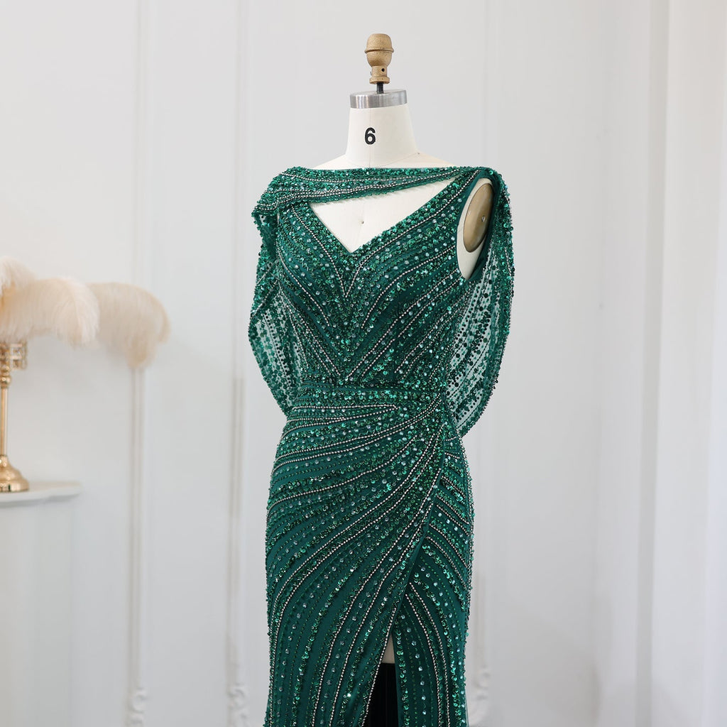 Luxury Beaded Silver Mermaid Evening Dress with Cape SS035