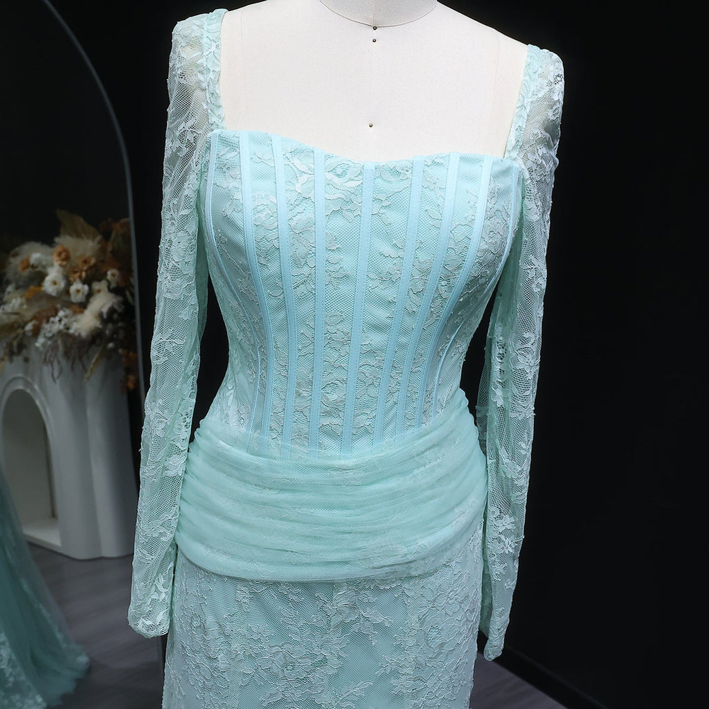 Luxury Green Printed Lace Long Sleeve Evening Dress SF252