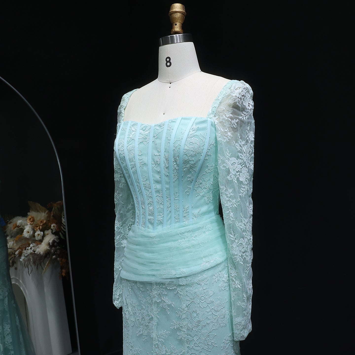 Luxury Green Printed Lace Long Sleeve Evening Dress SF252