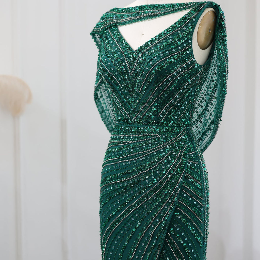 Luxury Beaded Silver Mermaid Evening Dress with Cape SS035