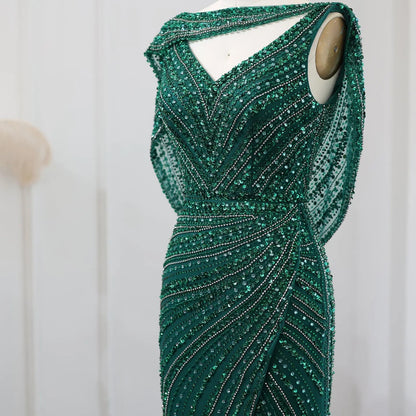 Luxury Beaded Silver Slit Mermaid Evening Dress with Cape SS035