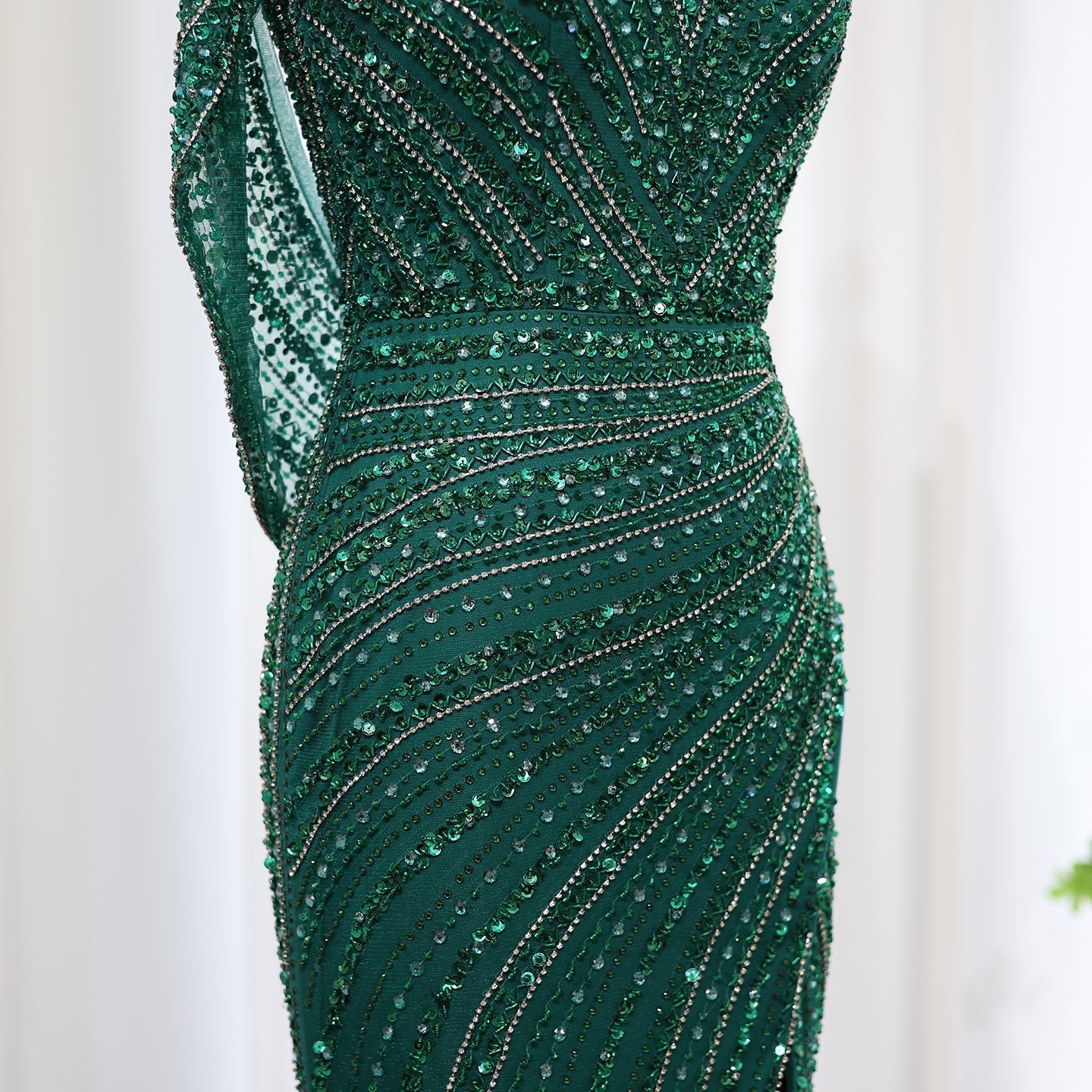 Luxury Beaded Silver Mermaid Evening Dress with Cape SS035