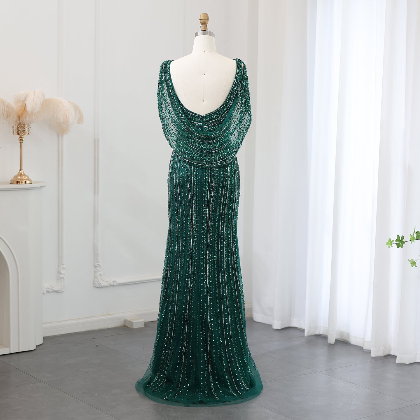 Luxury Beaded Silver Mermaid Evening Dress with Cape SS035