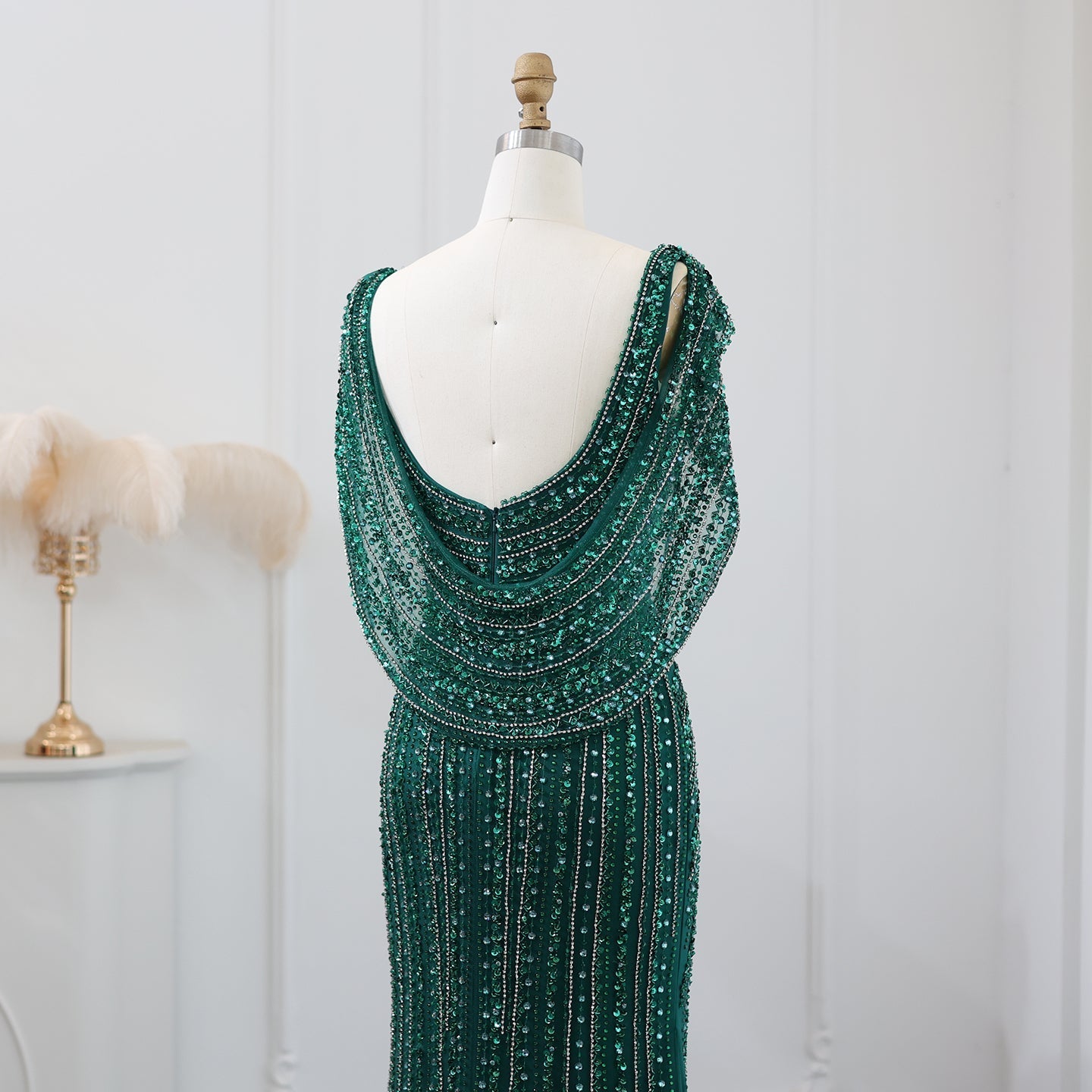 Luxury Beaded Silver Mermaid Evening Dress with Cape SS035
