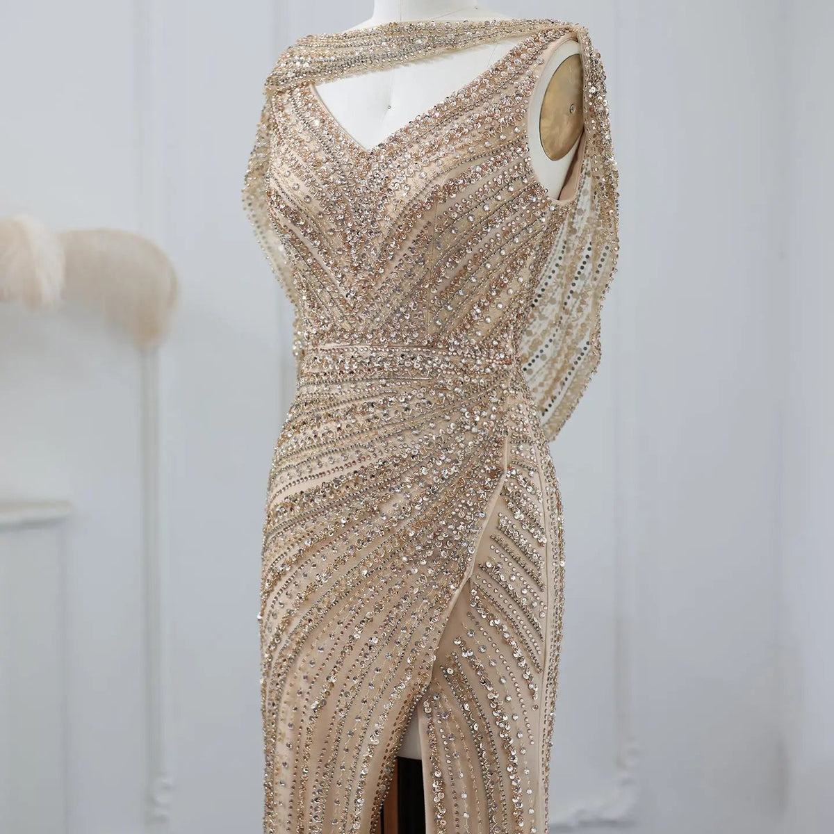 Luxury Beaded Silver Slit Mermaid Evening Dress with Cape SS035