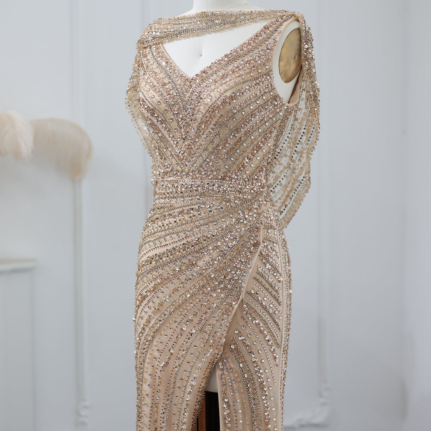 Luxury Beaded Silver Mermaid Evening Dress with Cape SS035