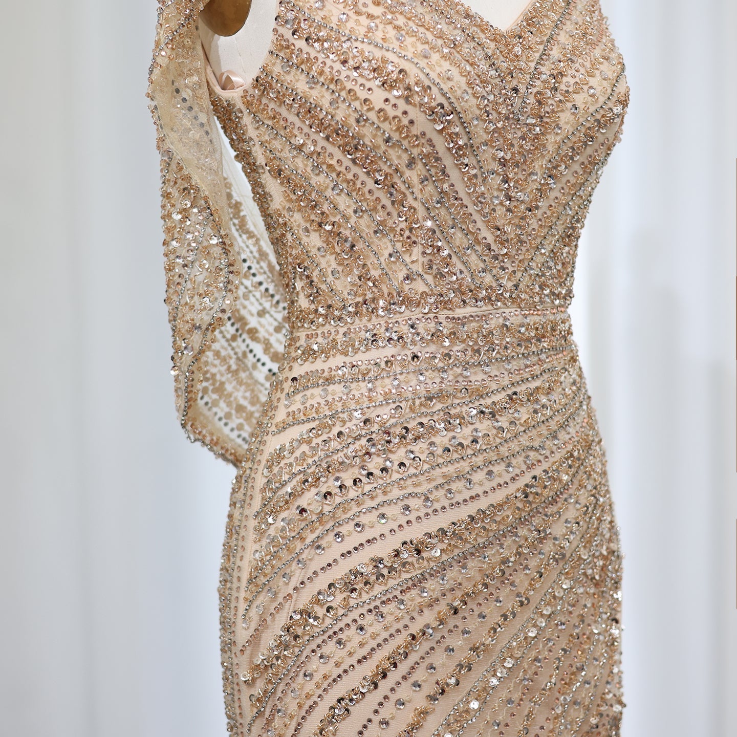 Luxury Beaded Silver Mermaid Evening Dress with Cape SS035