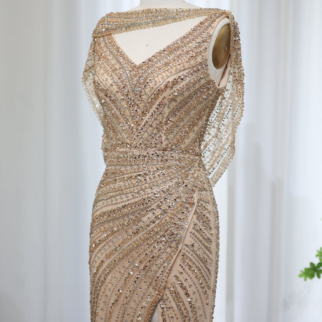 Luxury Beaded Silver Mermaid Evening Dress with Cape SS035