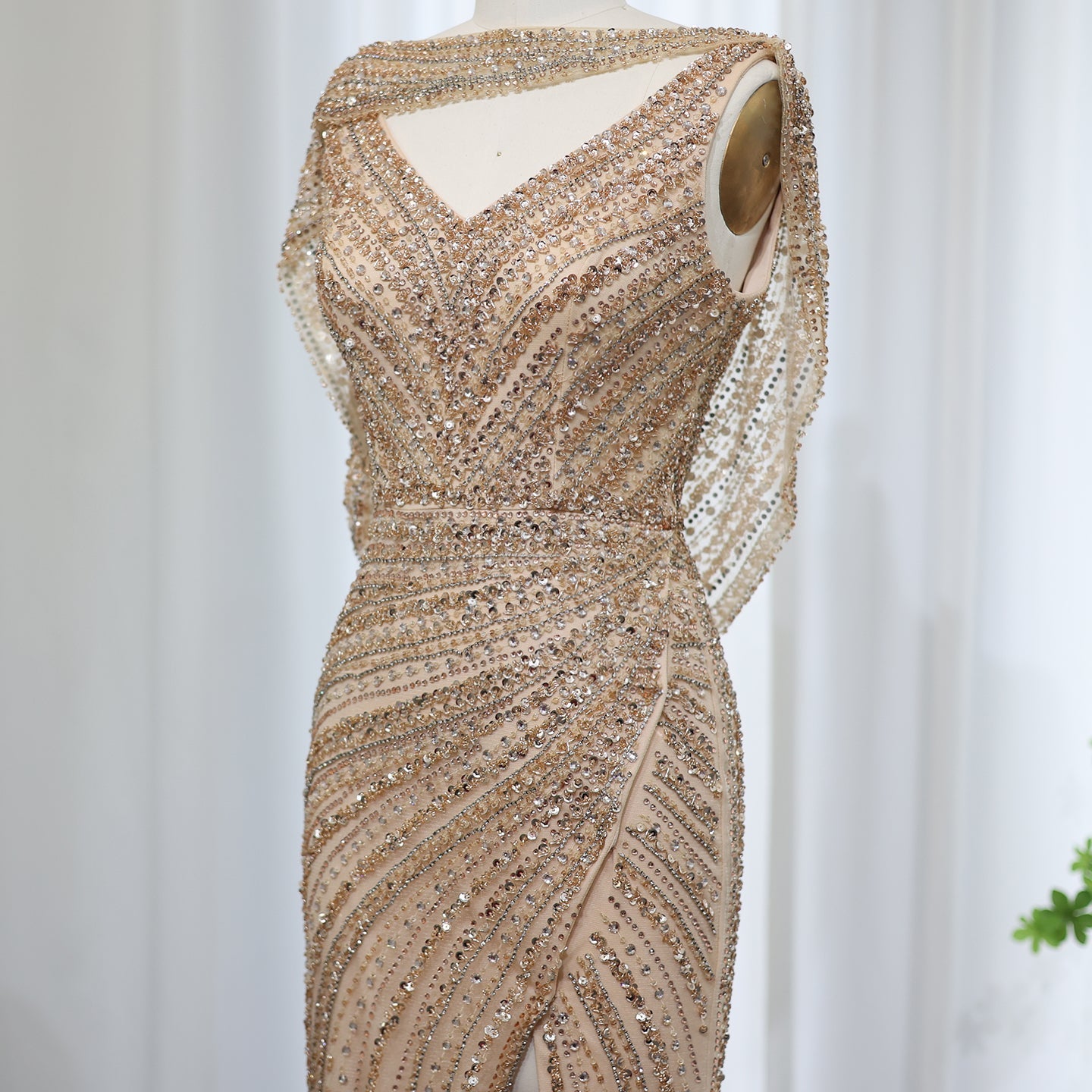 Luxury Beaded Silver Mermaid Evening Dress with Cape SS035