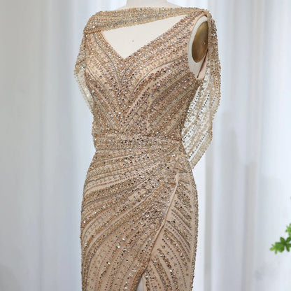 Luxury Beaded Silver Slit Mermaid Evening Dress with Cape SS035