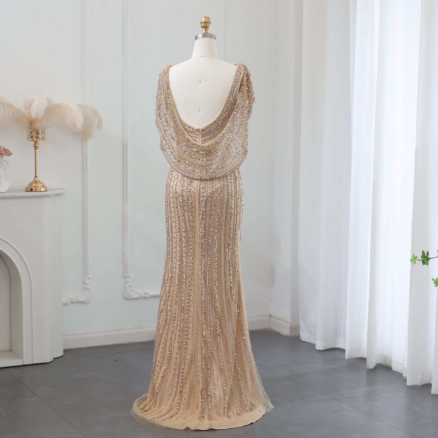 Luxury Beaded Silver Mermaid Evening Dress with Cape SS035