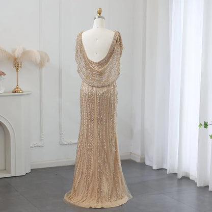 Luxury Beaded Silver Slit Mermaid Evening Dress with Cape SS035