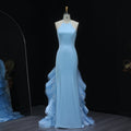 Elegant Halter Blue Evening Dress with Ruffles Train SS524
