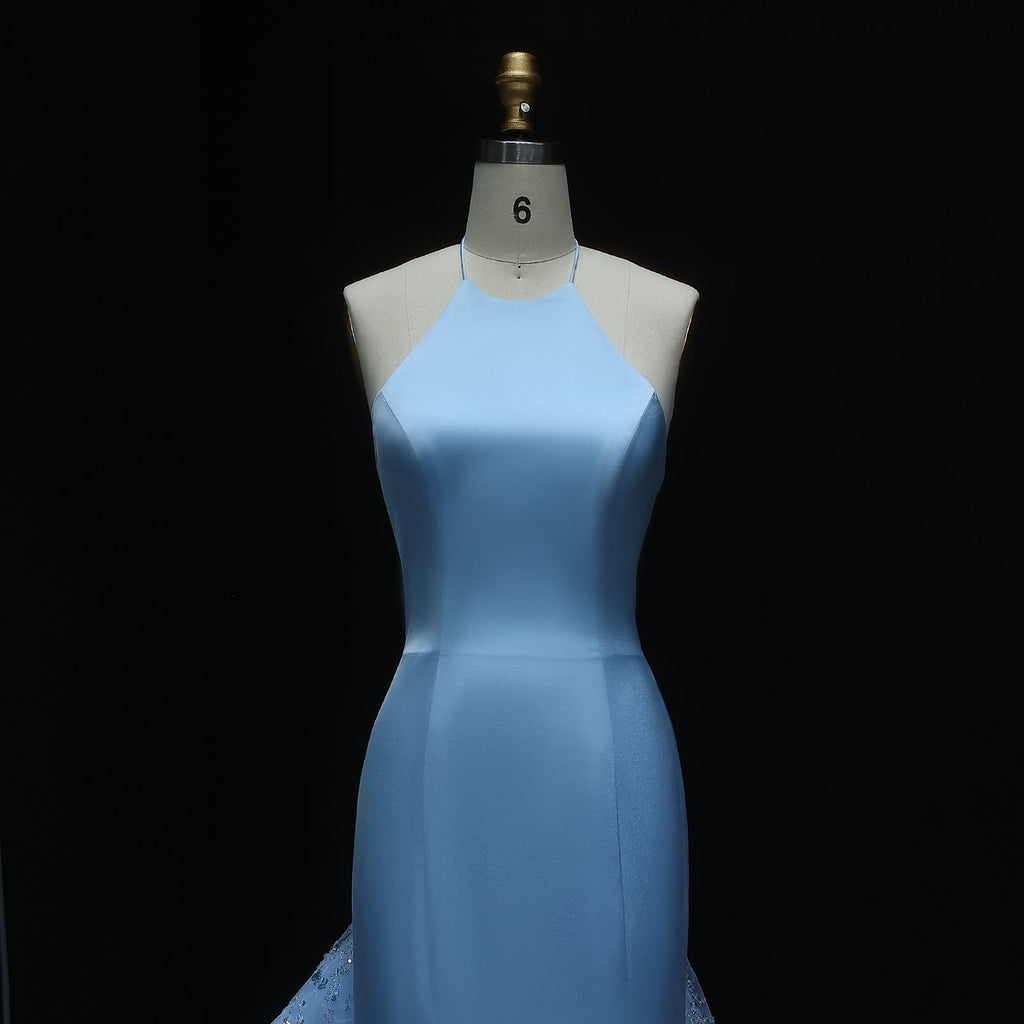 Elegant Halter Blue Evening Dress with Ruffles Train SS524