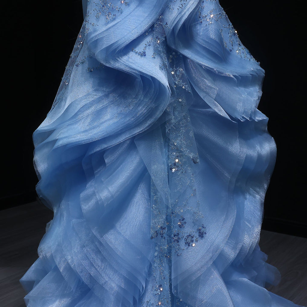 Elegant Halter Blue Evening Dress with Ruffles Train SS524