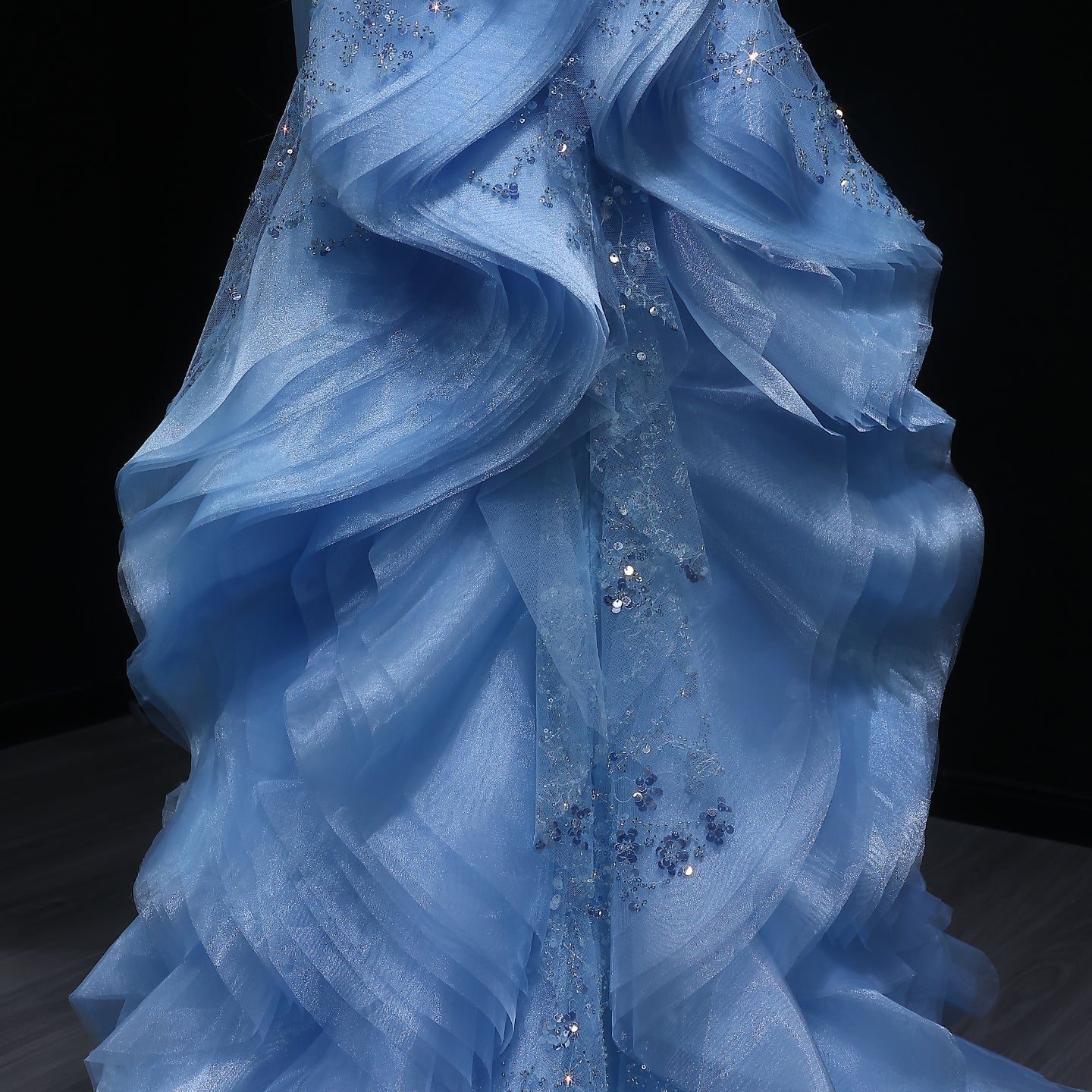 Elegant Halter Blue Evening Dress with Ruffles Train SS524