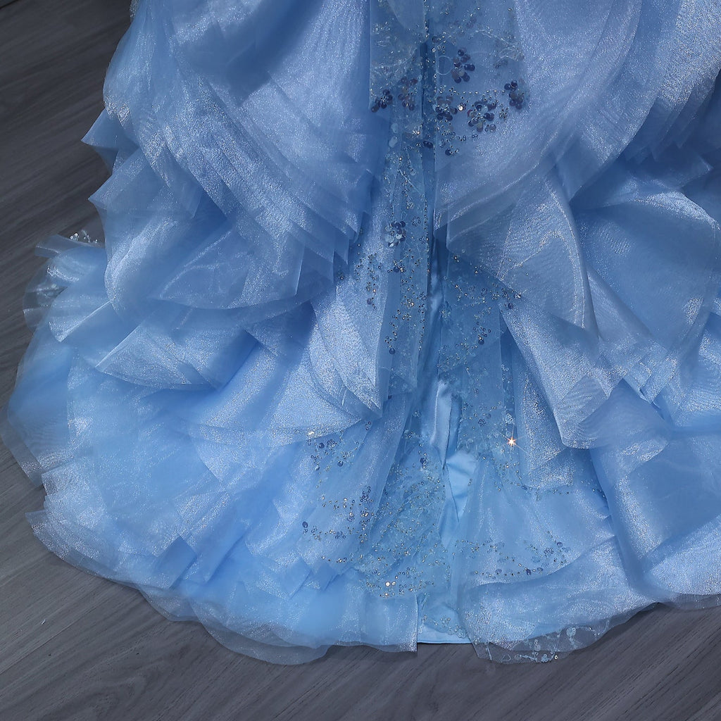Elegant Halter Blue Evening Dress with Ruffles Train SS524