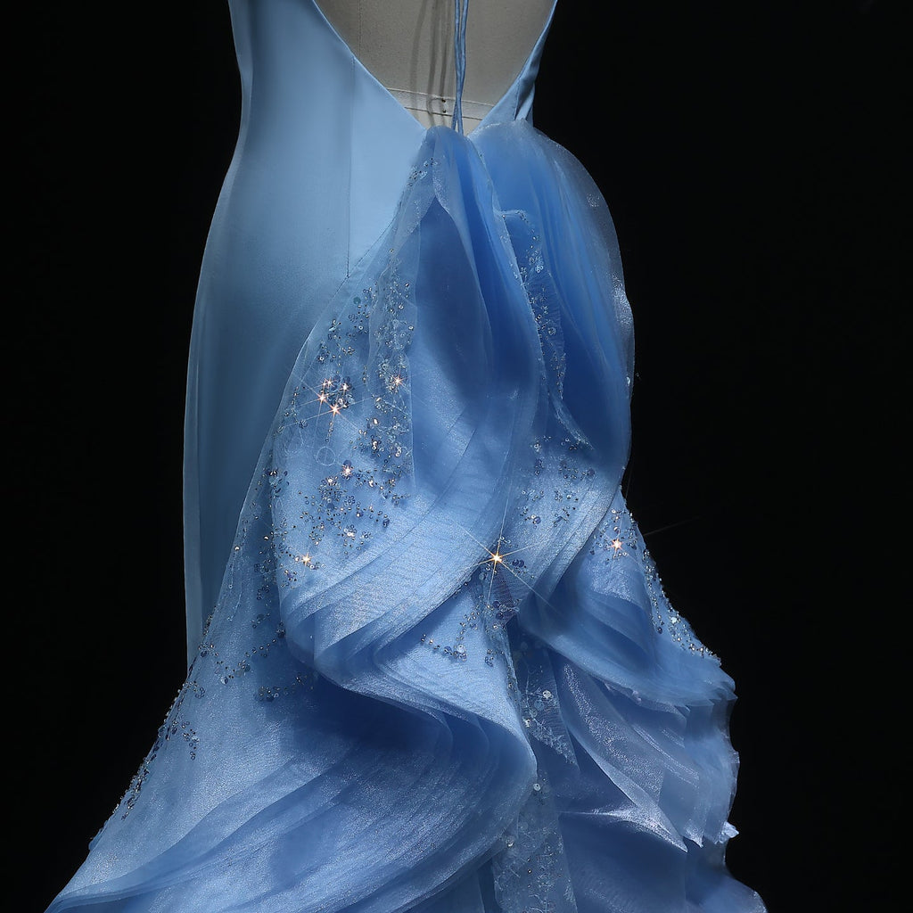 Elegant Halter Blue Evening Dress with Ruffles Train SS524