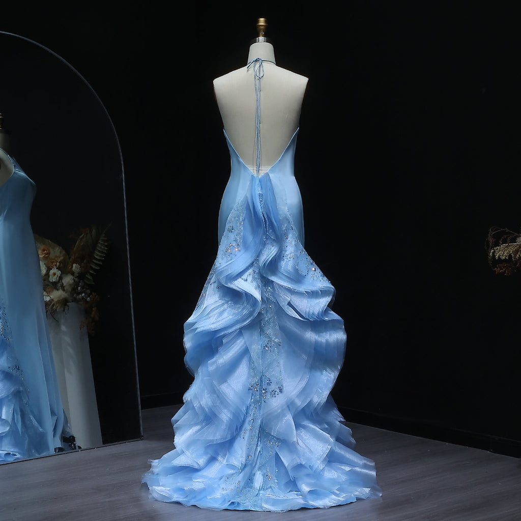 Elegant Halter Blue Evening Dress with Ruffles Train SS524