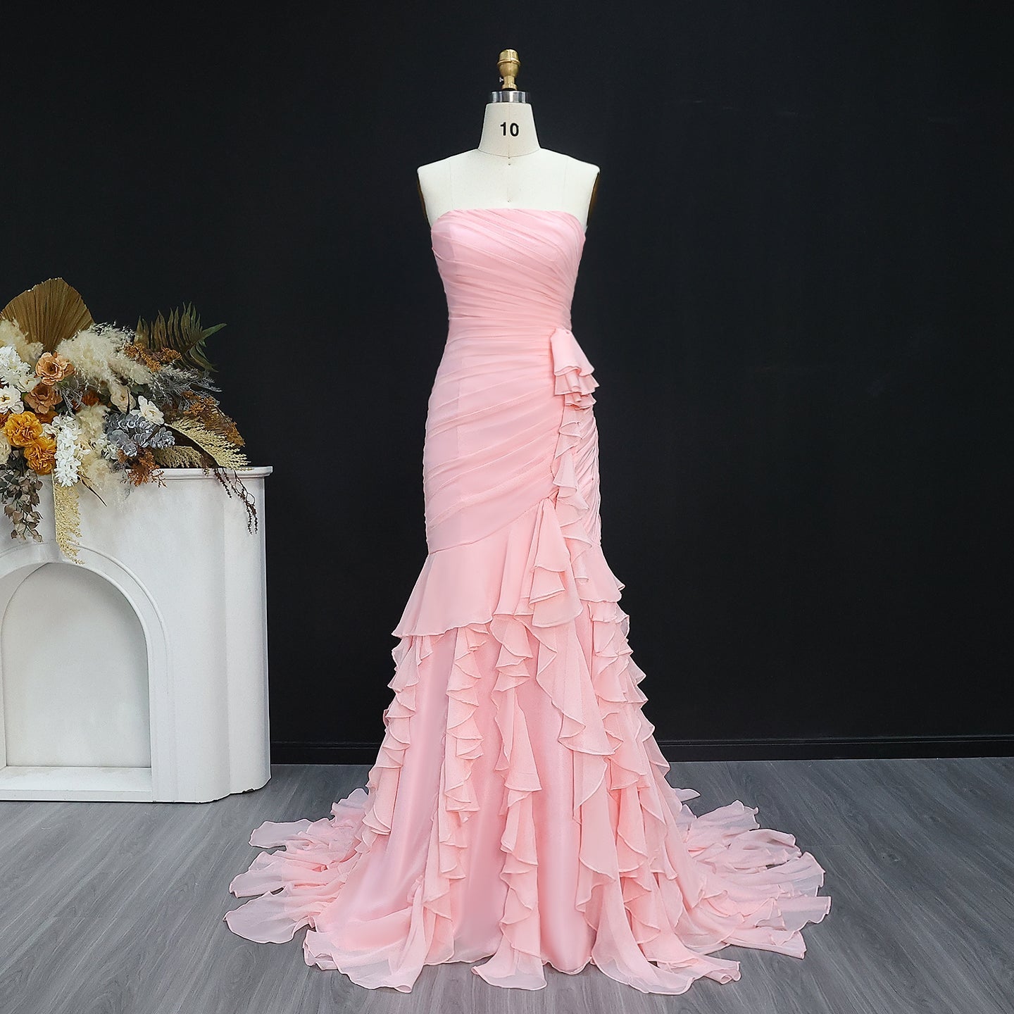 Elegant Light Pink Strapless Tiered Ruffles Mermaid Evening Dress SF077