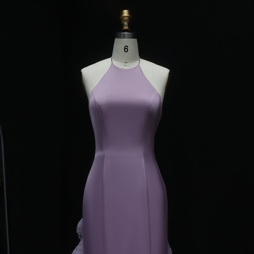 Elegant Halter Blue Evening Dress with Ruffles Train SS524