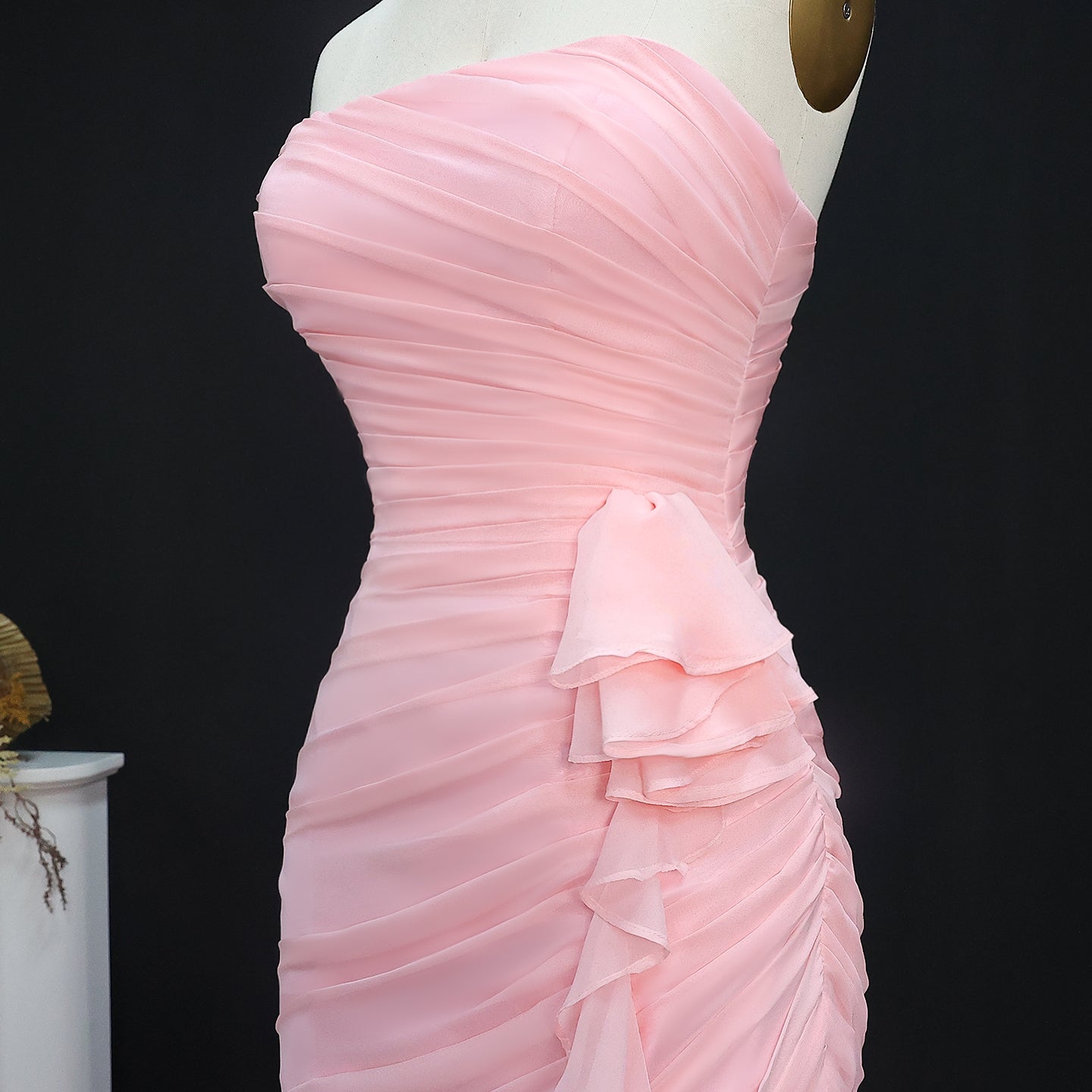 Elegant Light Pink Strapless Tiered Ruffles Mermaid Evening Dress SF077