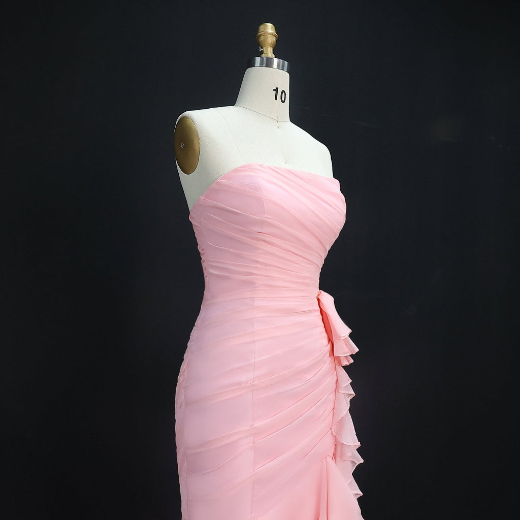 Elegant Light Pink Strapless Tiered Ruffles Mermaid Evening Dress SF077