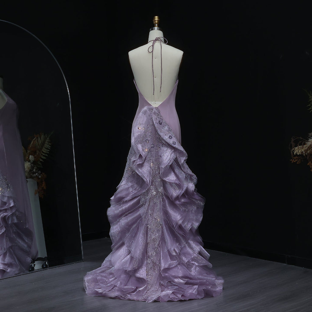 Elegant Halter Blue Evening Dress with Ruffles Train SS524