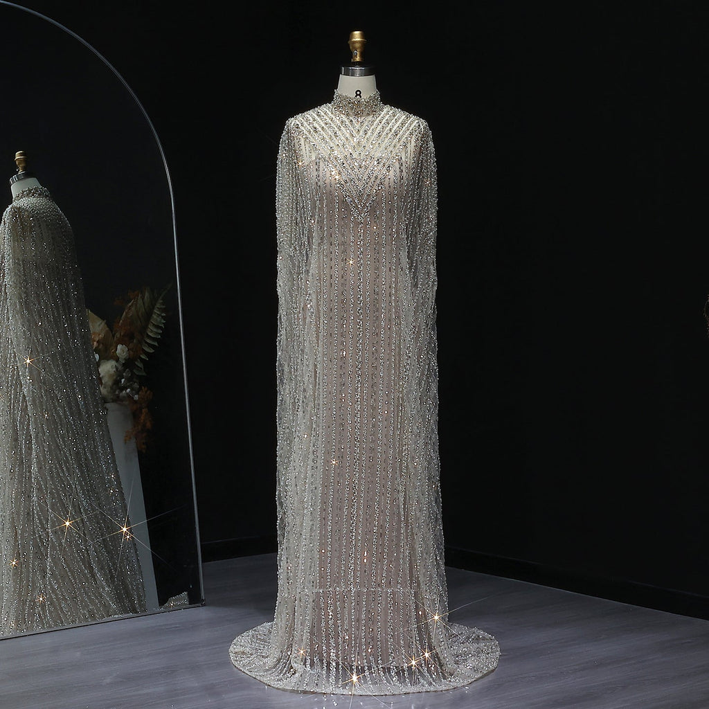 Luxury Pearls Champagne Evening Dress with Cape SS691