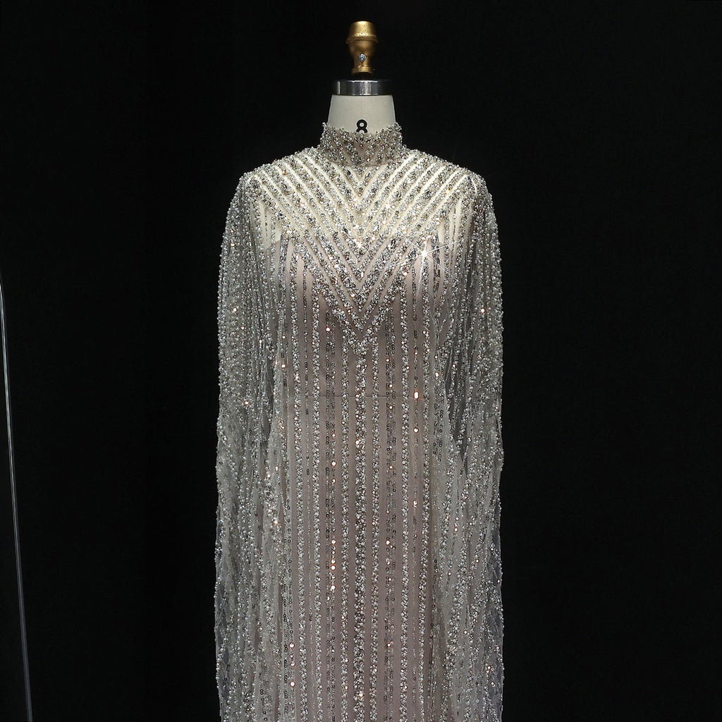 Luxury Pearls Champagne Evening Dress with Cape SS691