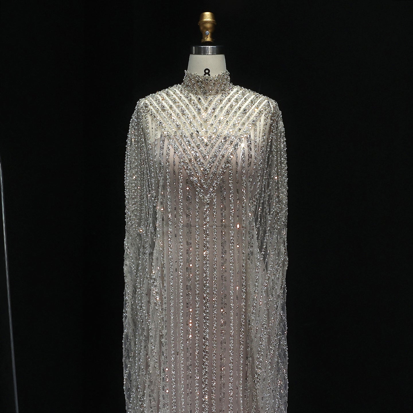 Luxury Pearls Champagne Evening Dress with Cape SS691