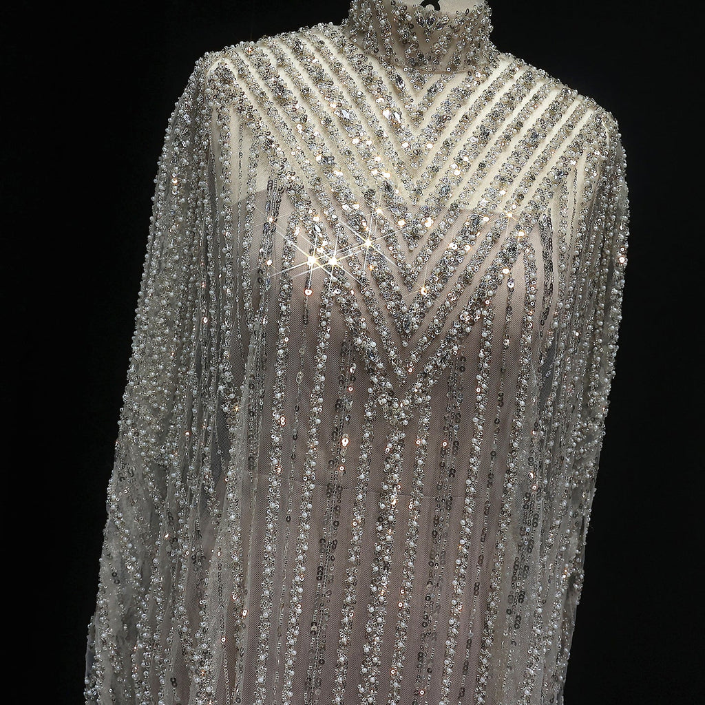 Luxury Pearls Champagne Evening Dress with Cape SS691