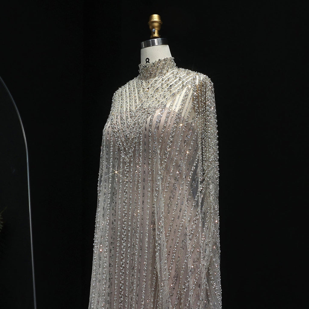 Luxury Pearls Champagne Evening Dress with Cape SS691