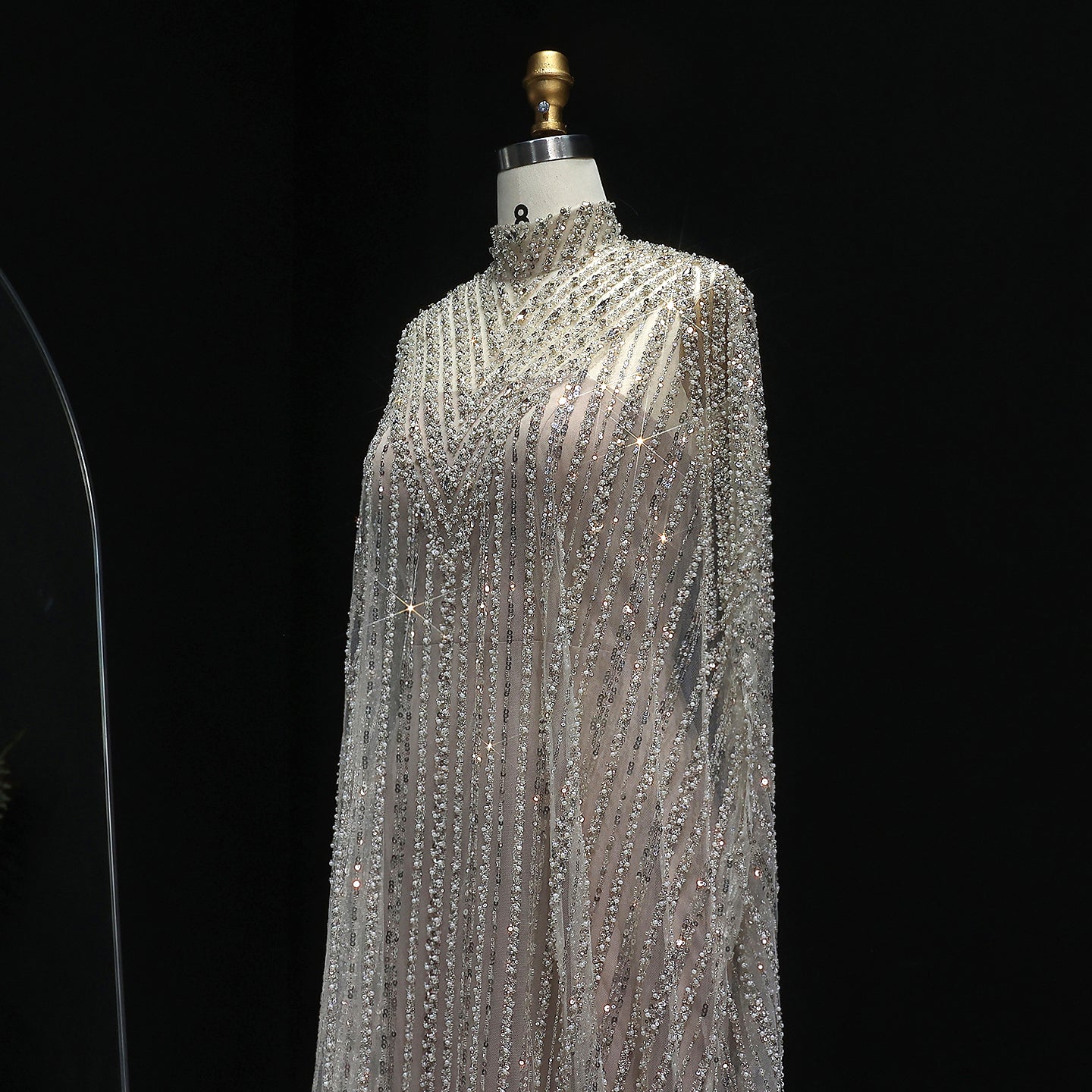 Luxury Pearls Champagne Evening Dress with Cape SS691