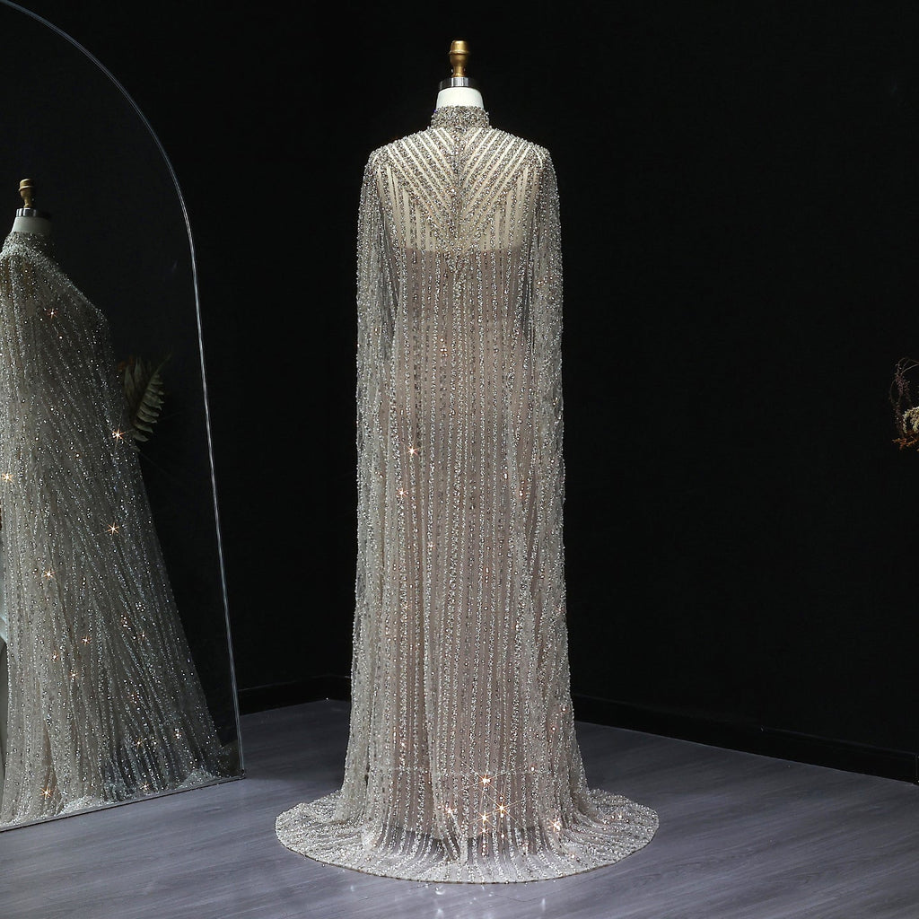Luxury Pearls Champagne Evening Dress with Cape SS691