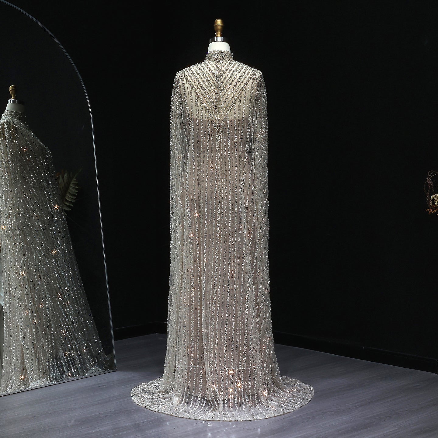 Luxury Pearls Champagne Evening Dress with Cape SS691