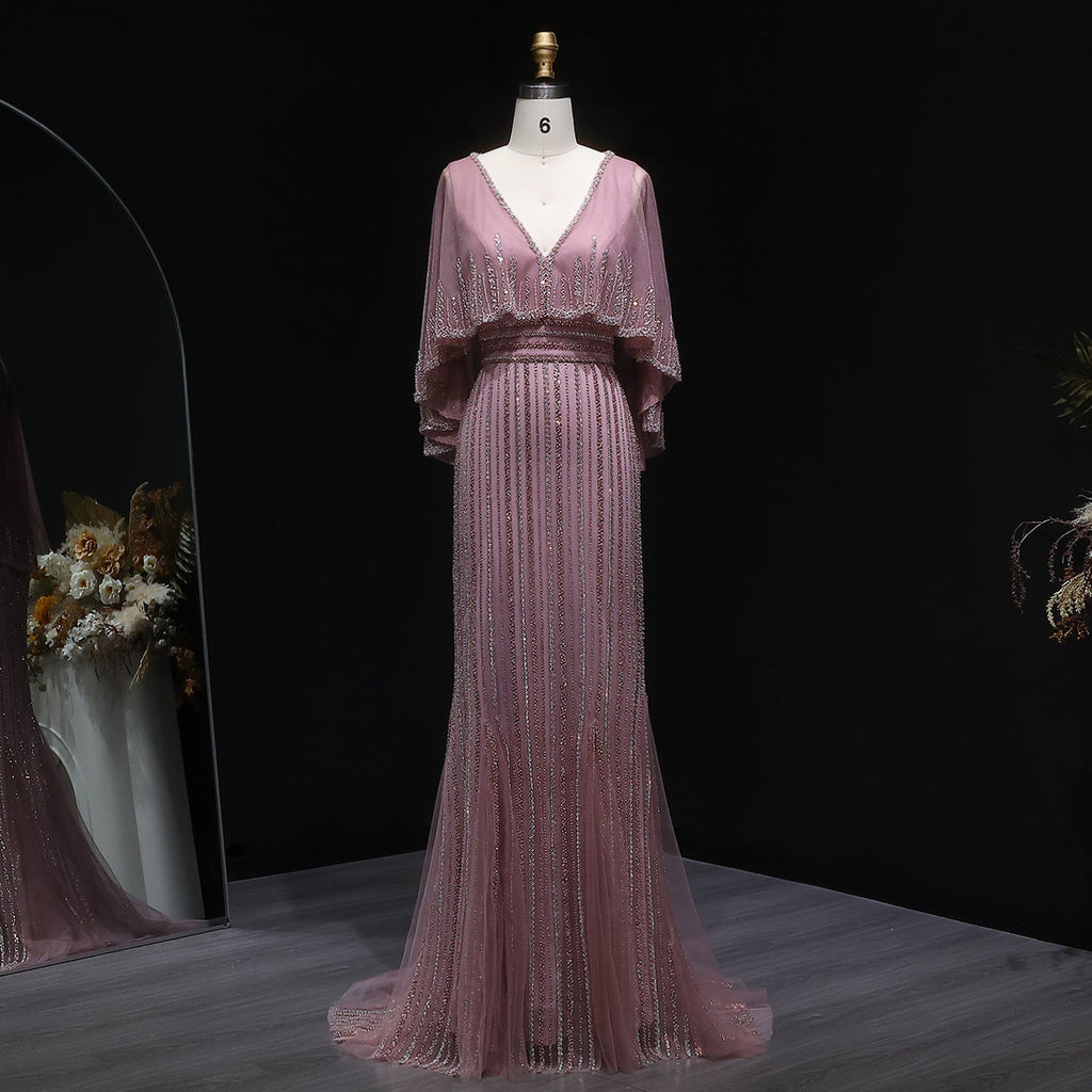 Luxury Beaded Pink V-Neck Mermaid Evening Dresses with Cape SS284