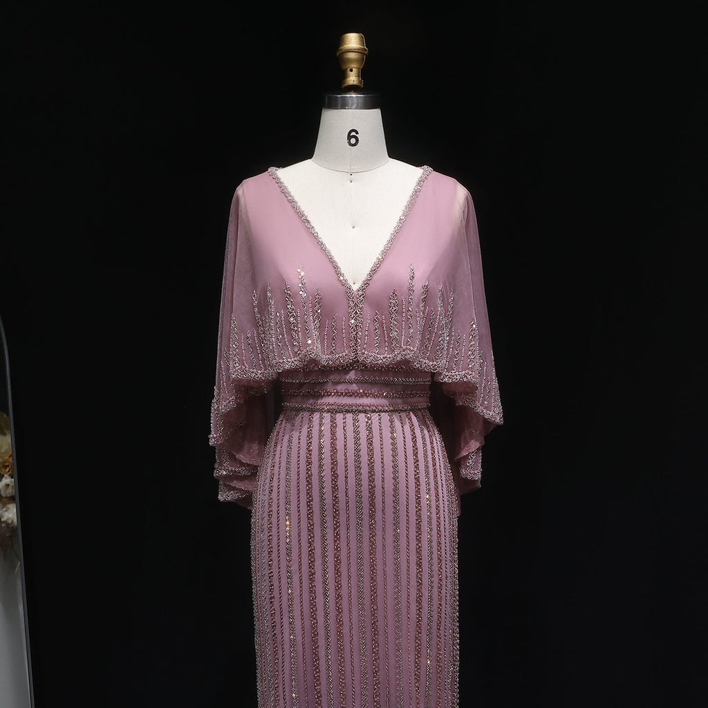 Luxury Beaded Pink V-Neck Mermaid Evening Dresses with Cape SS284