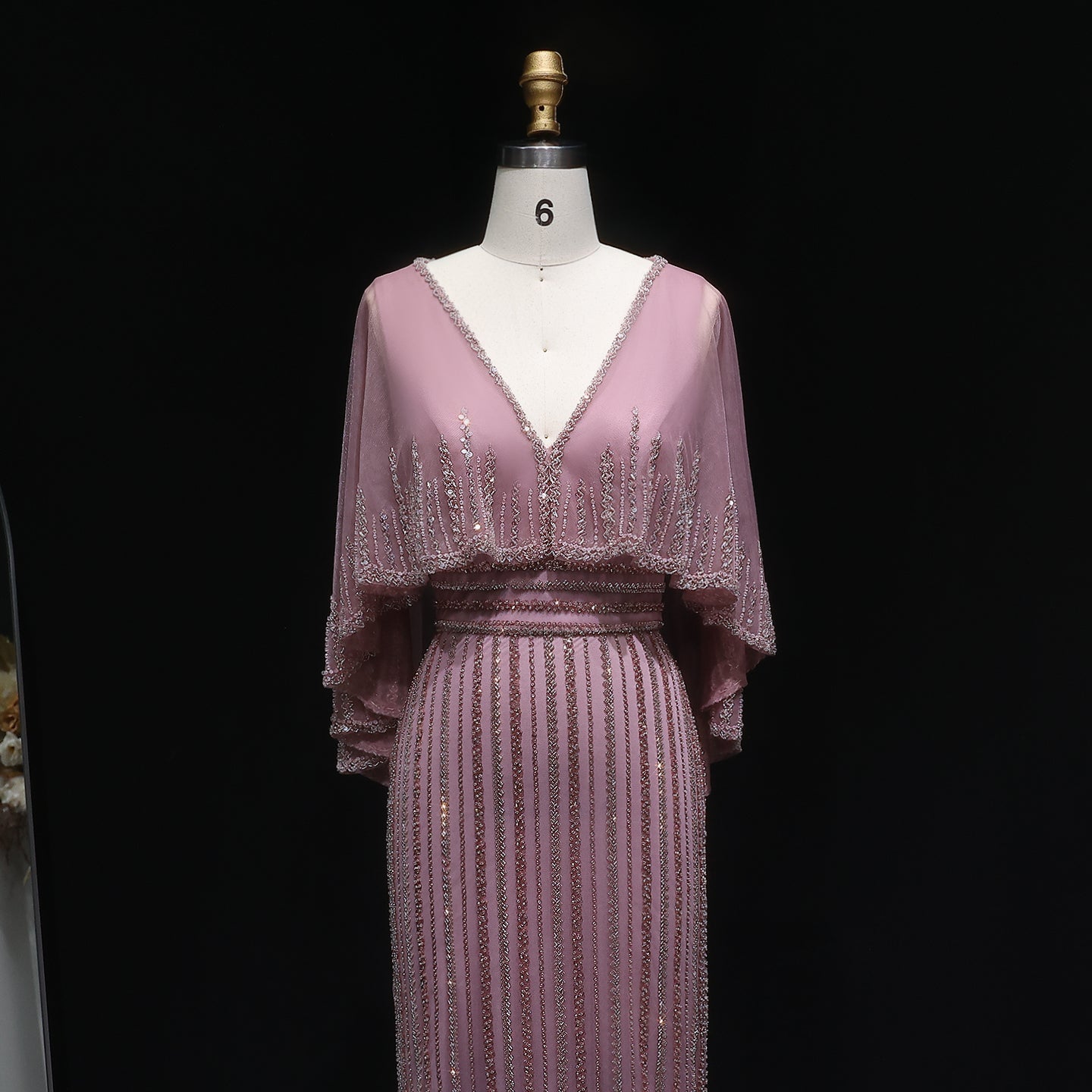 Luxury Beaded Pink V-Neck Mermaid Evening Dresses with Cape SS284